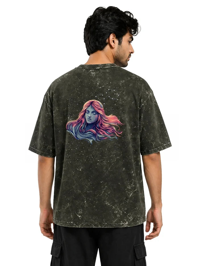 Arya Olive Green Oversized Zodiac Virgo Print Half Sleeve Cotton T-Shirt