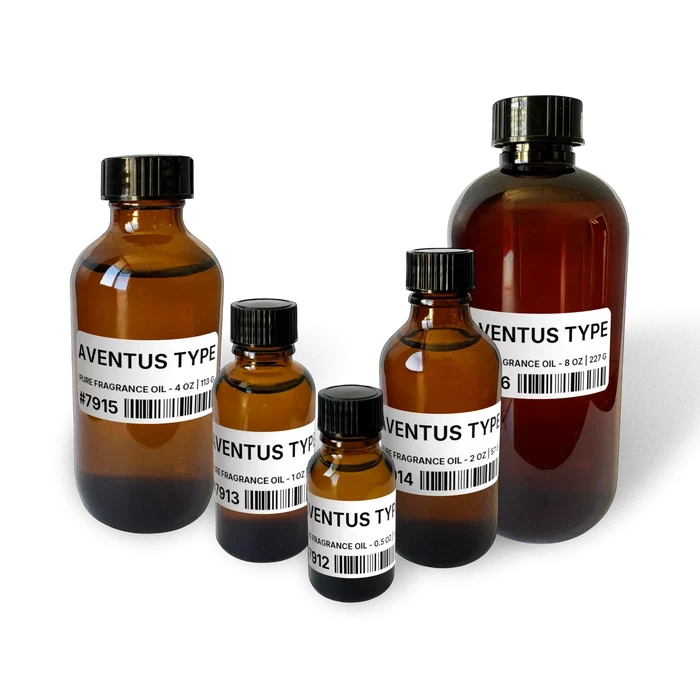 Aventus Type Pure Fragrance Oil - 4 lb | 1.81 kg bottle image for Pure Fragrance Oil 4 lb. Composite bottle lineup showing 0.5 oz, 1 oz, 2 oz, 4 oz, and 8 oz sizes.