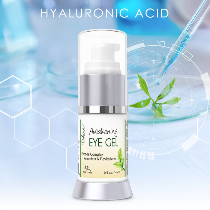 A pump bottle Awakening Eye Gel  with a background image of a dropper and a green leafy plant.