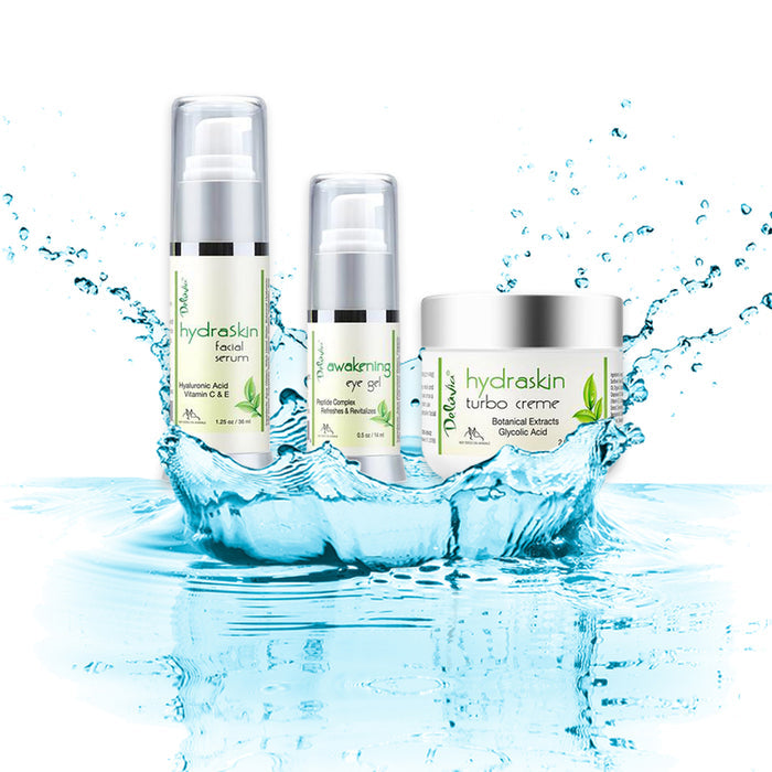 Deluvia Awakening HydraSkin System including a facial serum with hyaluronic acid, an eye gel with a peptide complex,  and a cream with botanical extracts and glycolic acid, with water splashing below the products.