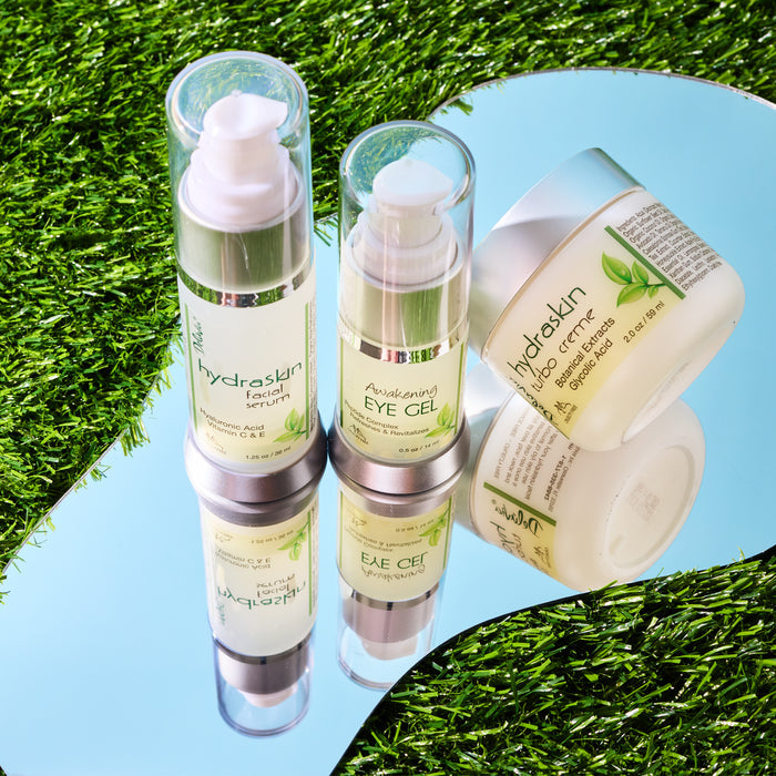 Deluvia Awakening HydraSkin System  on a mirror reflecting the packaging