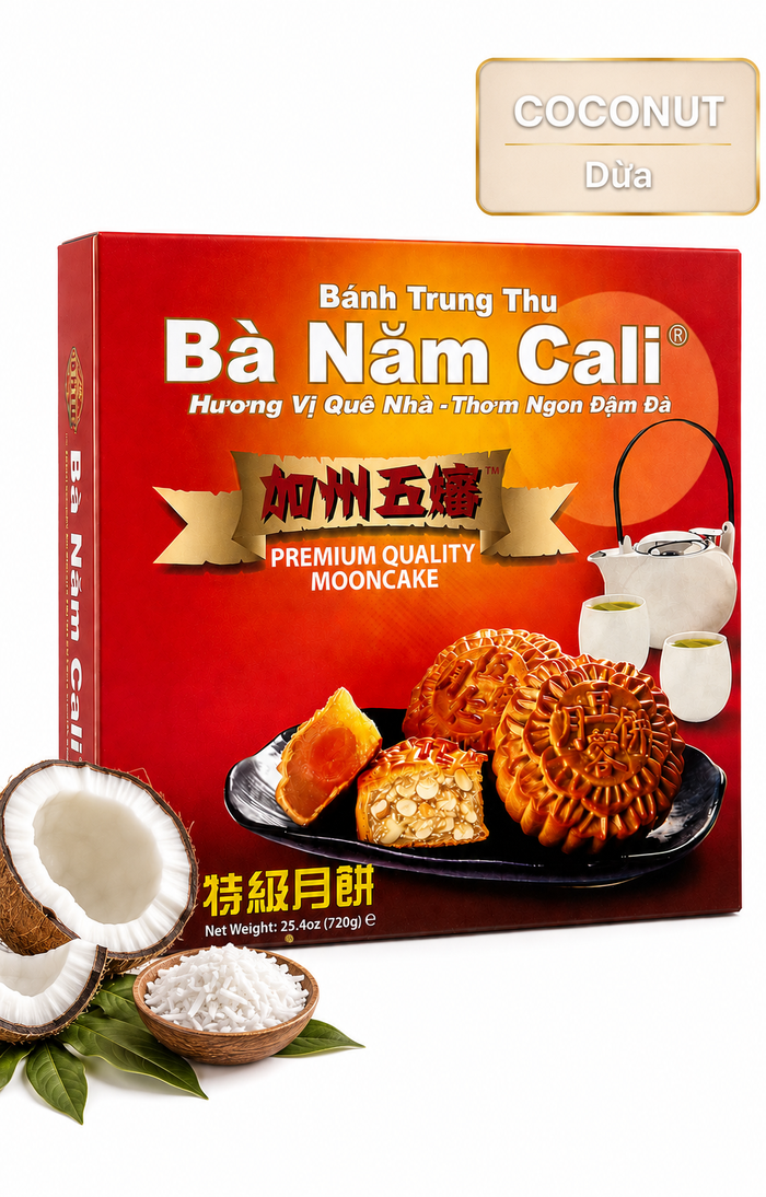 Ba Nam Cali Coconut Mooncake filled with sweet coconut flakes and wrapped in a tender baked pastry