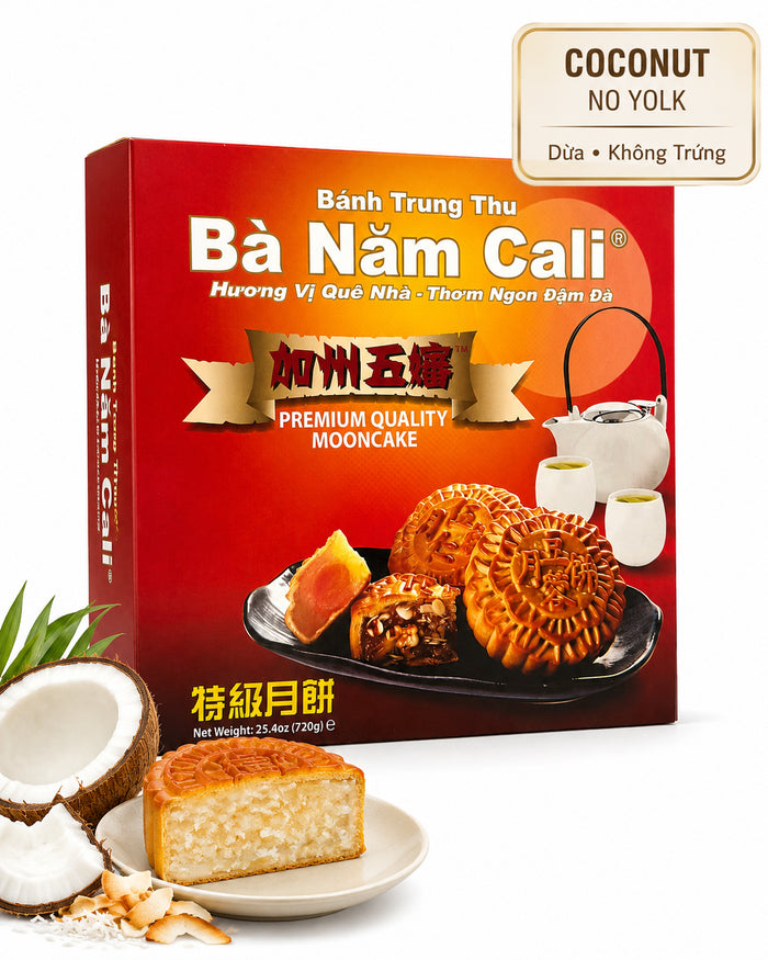 Ba Nam Cali Coconut Mooncake showcasing a smooth coconut center and golden pastry exterior