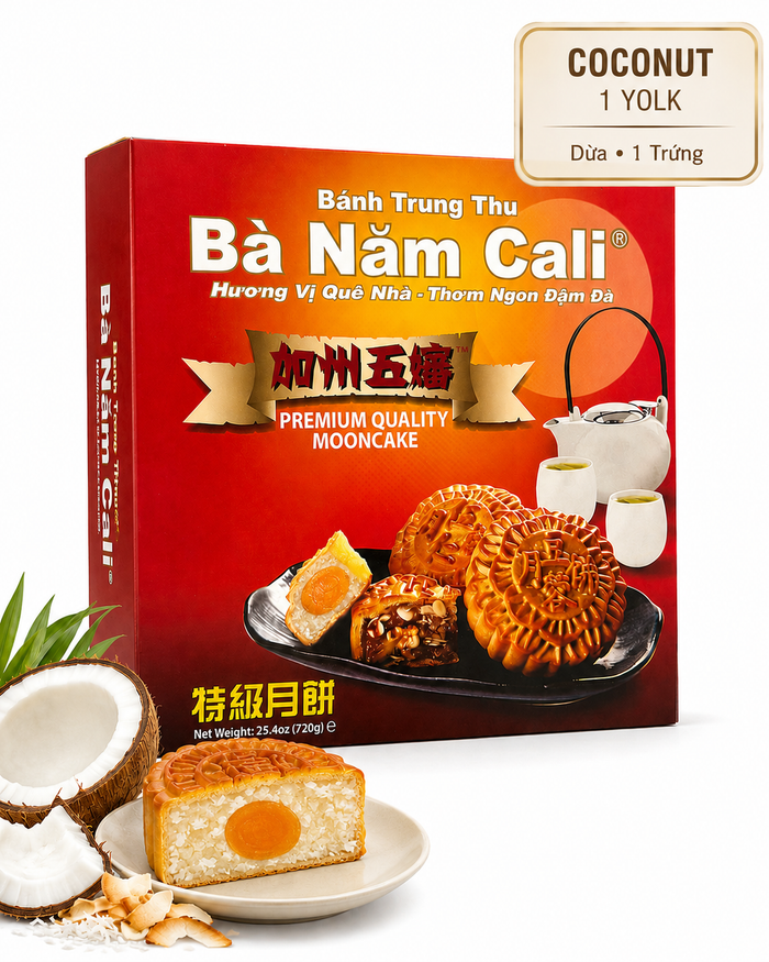 Premium Ba Nam Cali Coconut Mooncake with fragrant coconut filling and an elegantly patterned crust 1 yolk