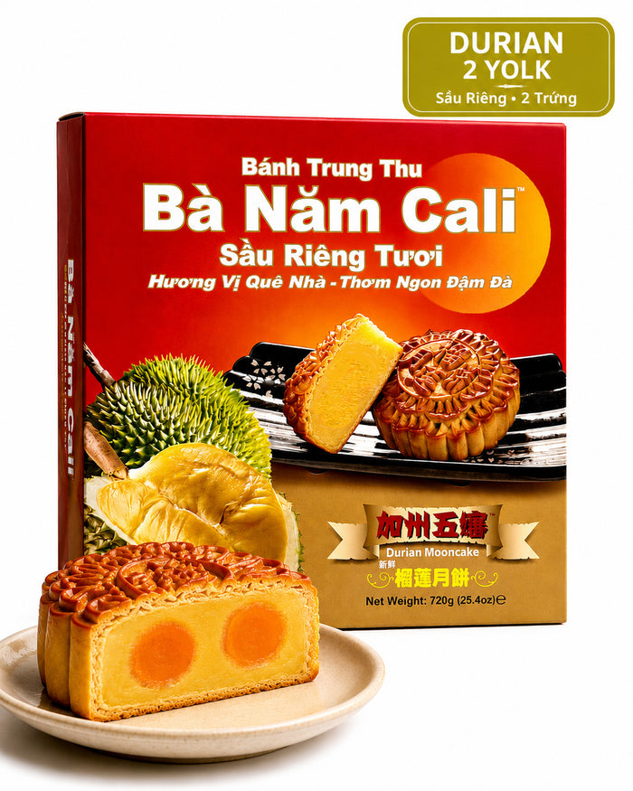 Authentic Ba Nam Cali Durian Mooncake crafted with fragrant durian filling for Mid-Autumn Festival 2 yolks