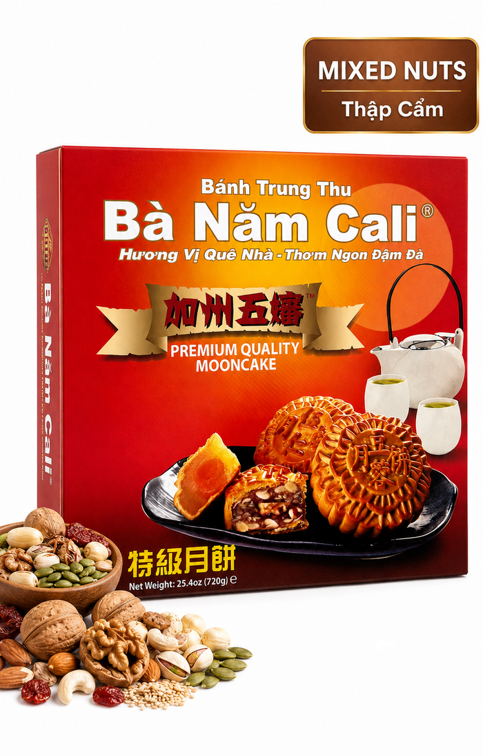 Ba Nam Cali Mixed Nuts Mooncake filled with premium roasted nuts and traditional savory-sweet ingredients