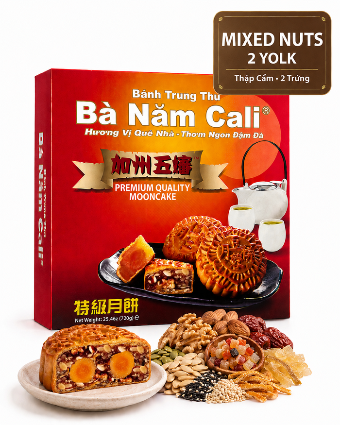 Ba Nam Cali Mixed Nuts Mooncake made with carefully selected nuts for a satisfying Mid-Autumn treat 2 yolks