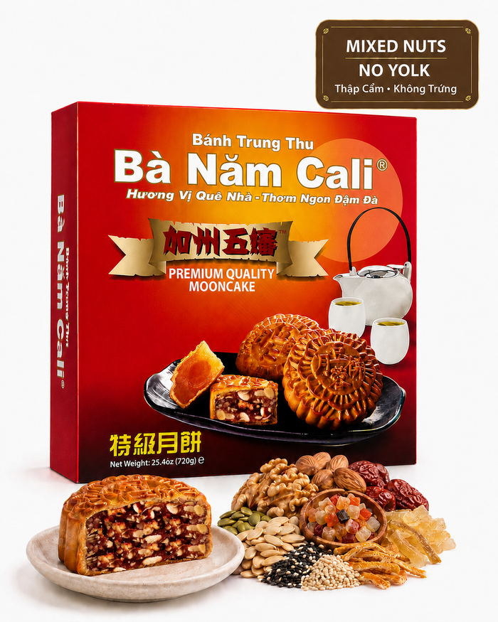 Authentic Ba Nam Cali Mixed Nuts Mooncake featuring a crunchy blend of assorted nuts and seeds