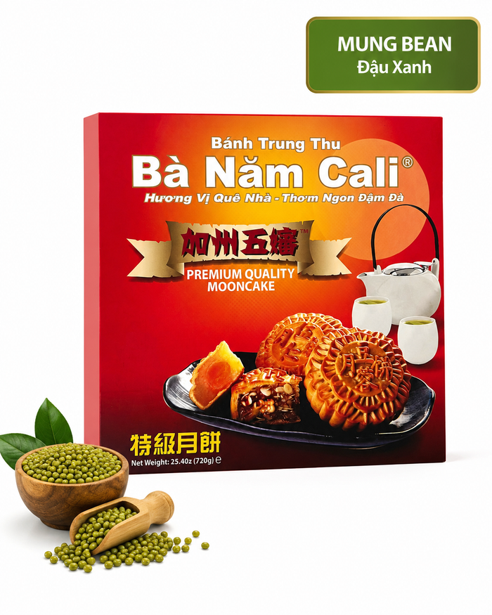Ba Nam Cali Mung Bean Mooncake filled with smooth mung bean paste and a golden baked crust