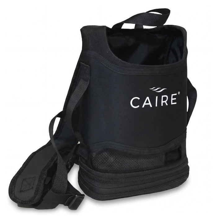 Black backpack with 'CAIRE' logo on a white background
