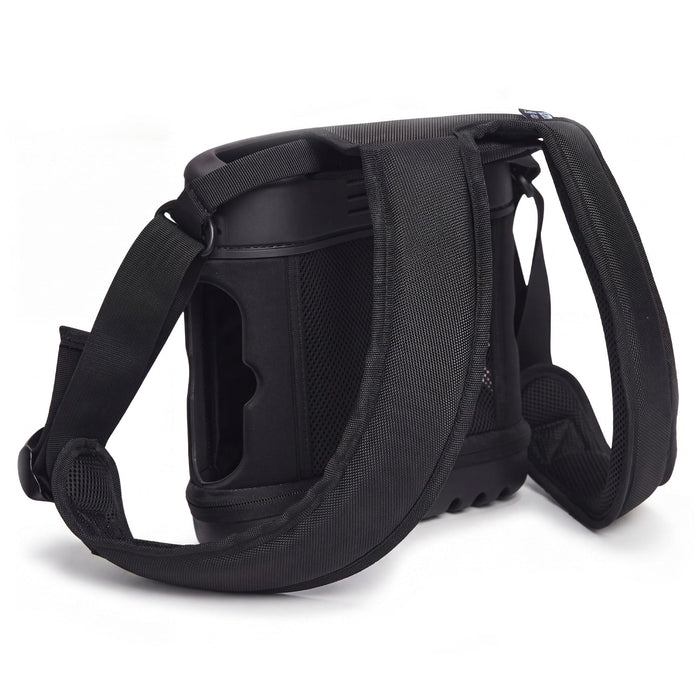 A black tactical shoulder bag with a wide padded strap and a cylindrical side compartment, shown from a three-quarters angle on a white background.
