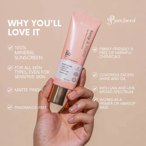 Barefaced KEEP-IT-MATTE 100% Mineral Sunscreen Tinted SPF50 PA+++ 50g with Niacinamide