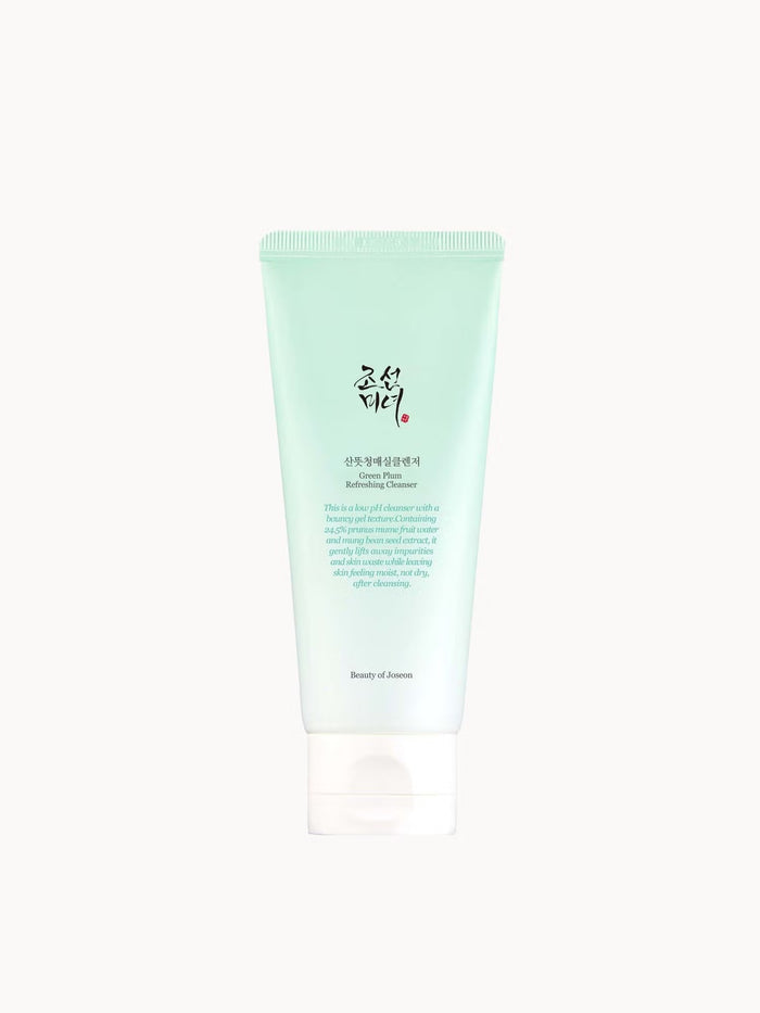 Beauty of Joseon Green Plum Refreshing Cleanser 100ml, a facial cleanser in a clear bottle with green plum ingredients visible