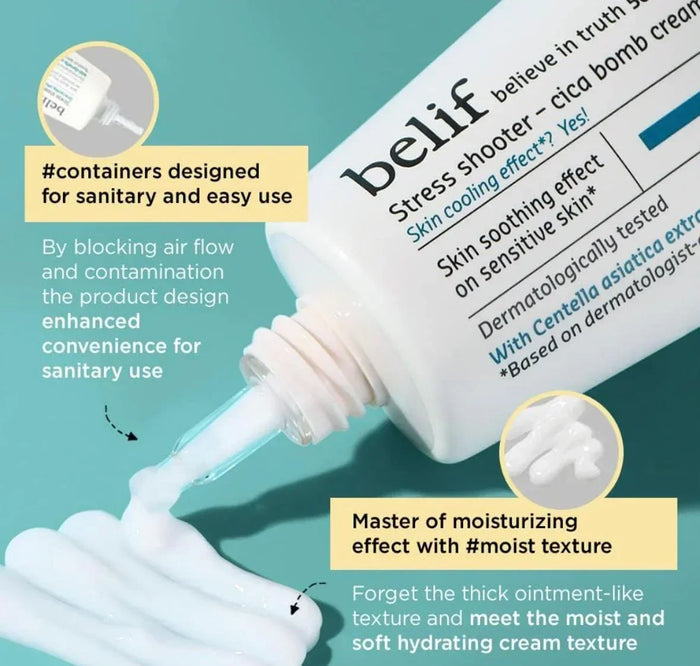Belif aqua bomb cica cream tube with moisturizer being dispensed, highlighting sanitary packaging and hydrating, soothing lotion texture for sensitive skin.