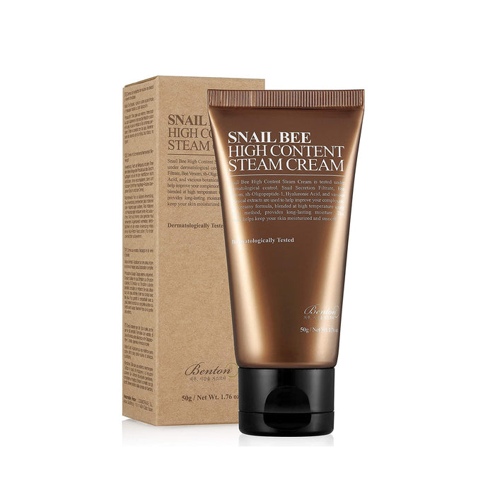 BENTON Snail Bee High Content Steam Cream is a rich, nourishing cream designed to repair, hydrate, and improve skin texture. Infused with Snail Secretion Filtrate to boost elasticity and repair damage, and Bee Venom to calm and revitalize, it supports healthier, smoother skin. Enhanced with Niacinamide, Peptides, and Hyaluronic Acid, it brightens, firms, and deeply hydrates. With added Botanical Extracts and Natural Oils, this cream strengthens the skin barrier while leaving skin soft, resilient