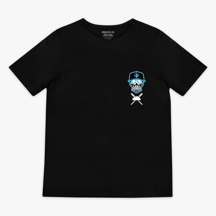Black t-shirt with a skull and crossbones design on a white background