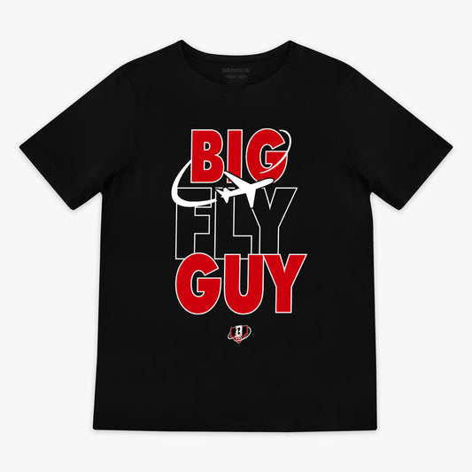 Black Big Fly Guy Red Eye youth graphic tee — front view