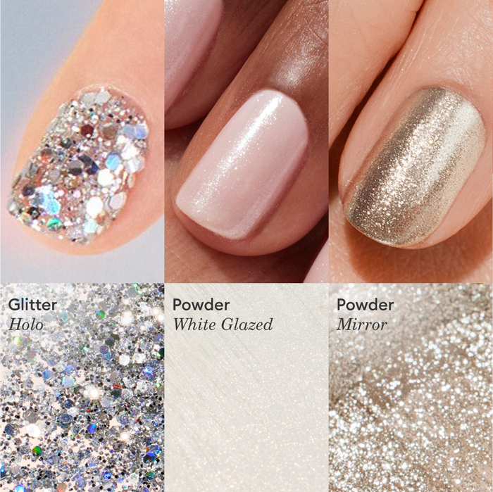 Close-up of three nails with nail art: Manucurist Biodegradable Holo Glitter, shimmery white glazed powder, and metallic mirror powder. Below each nail is a matching sample labeled: Holo Glitter, White Glazed Powder, Mirror Powder.