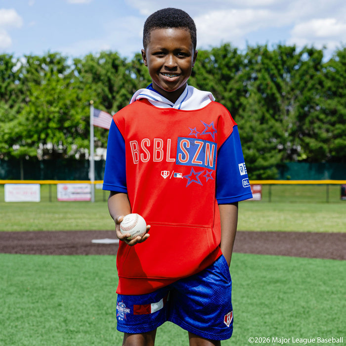 Youth model wearing Red, White & Blue youth short sleeve hoodie with "BL101 All-Star BSBL-SZN V3" design
