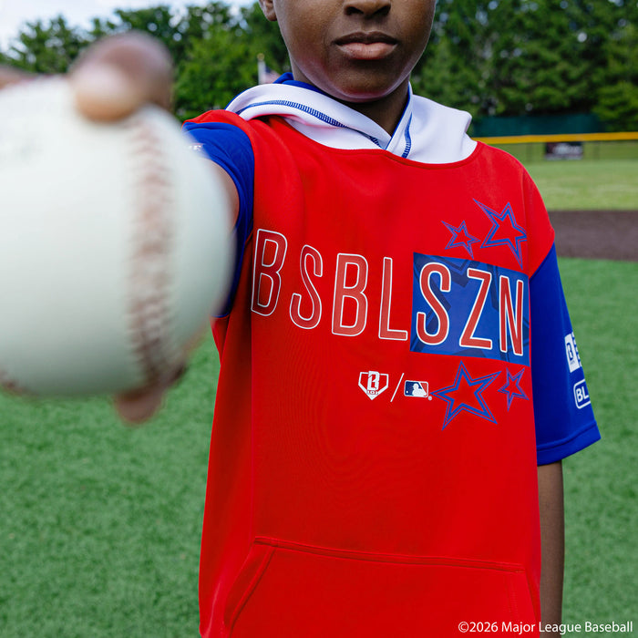 Youth model wearing Red, White & Blue youth short sleeve hoodie with "BL101 All-Star BSBL-SZN V3" design