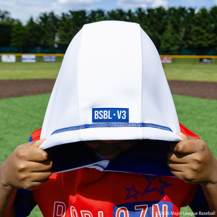 Youth model wearing Red, White & Blue youth short sleeve hoodie with "BL101 All-Star BSBL-SZN V3" design