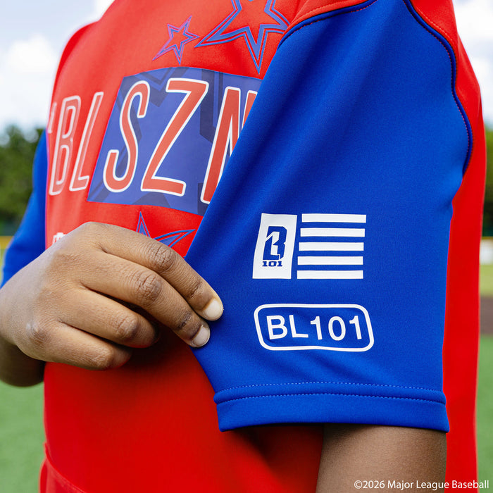Youth model wearing Red, White & Blue youth short sleeve hoodie with "BL101 All-Star BSBL-SZN V3" design