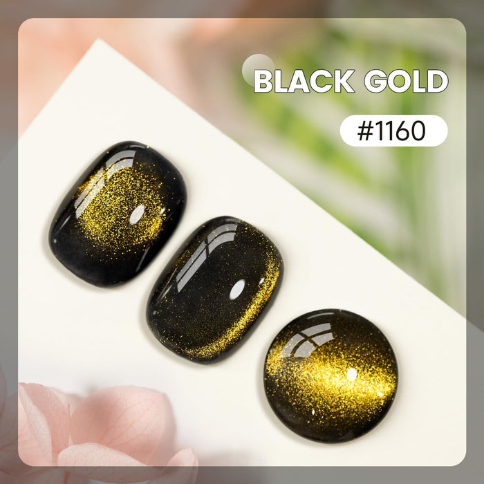 Black gold ceramic cat eye gel polish swatch 1160 showing metallic gold shimmer effect holiday nails