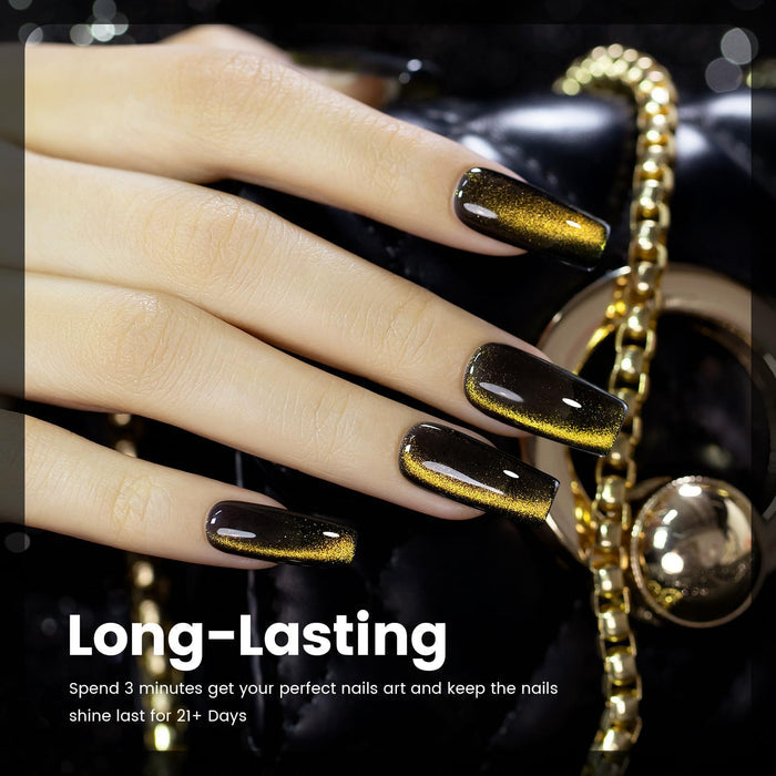 Black gold ceramic cat eye gel polish on square nails metallic shimmer festive Christmas New Year