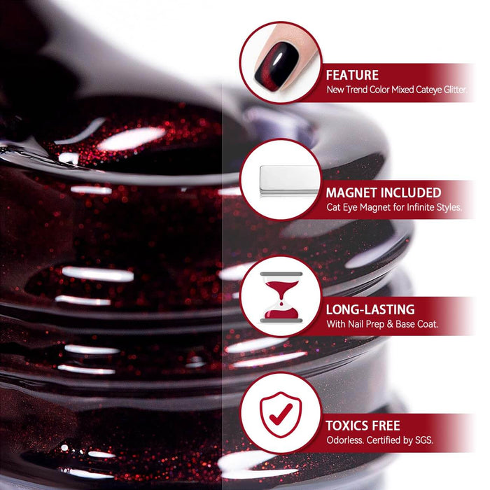 RARJSM ®Black Red Shiny Cat Eye Nail Gel Polish 15ml