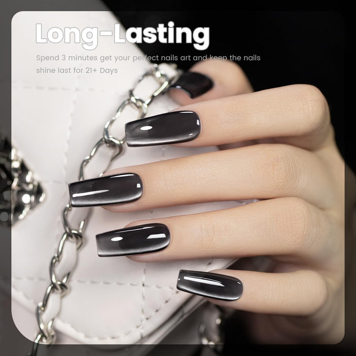 Black silver ceramic cat eye gel polish on square nails metallic shimmer high-gloss finish