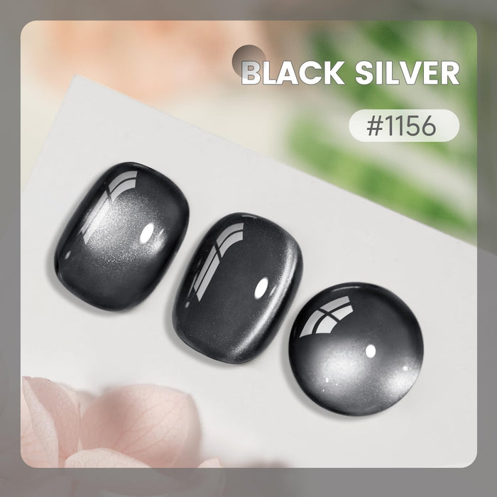 Black silver ceramic cat eye gel polish swatch 1156 showing metallic silver shimmer effect
