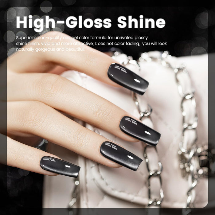 Black silver cat eye gel polish on nails showing mirror shine professional salon quality
