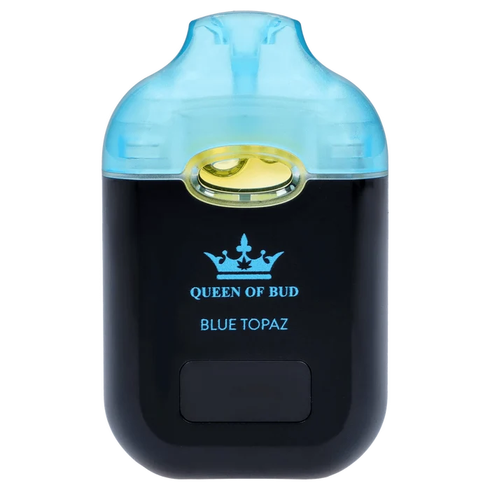 Close-up front view of the Blue Topaz Liquid Crystals Disposable Vape showing a translucent blue mouthpiece, yellow fill window and black body with blue "Queen of Bud" text.