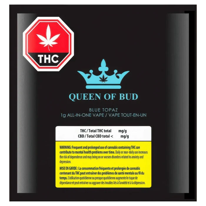 Close-up front view of the Blue Topaz Liquid Crystals Disposable Vape packaging showing a turquoise crown logo, "QUEEN OF BUD" text and a red THC octagon.