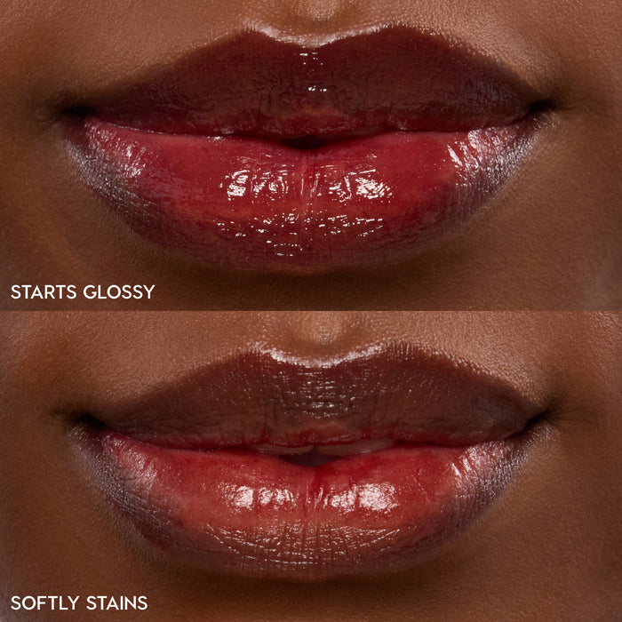 Lips wearing ColourPop Lip Stain in Blueberry Marg, shown in two finishes: top glossy and bottom stain, a deep berry-red that shines then softens to a diffused tint; close-up product swatch on a model’s lips.
