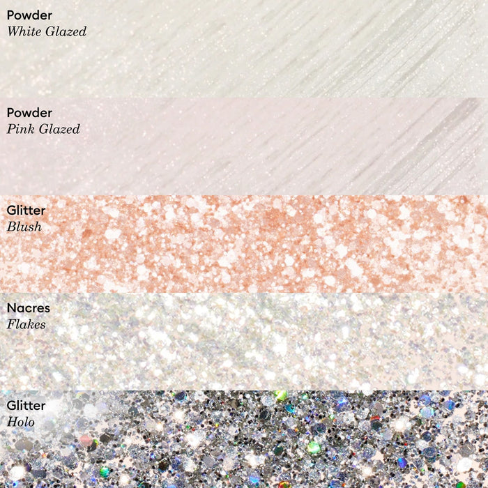 Five Manucurist nail polish swatches—white glazed powder, pale pink sparkle, blush glitter, iridescent flake nacres, and Blush Biodegradable Glitter—are shown in labeled horizontal bands for nail art inspiration.