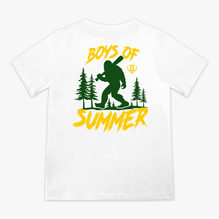 Boys of Summer Legend Tee white baseball Bigfoot holding bat pine trees gold and green back graphic shirt