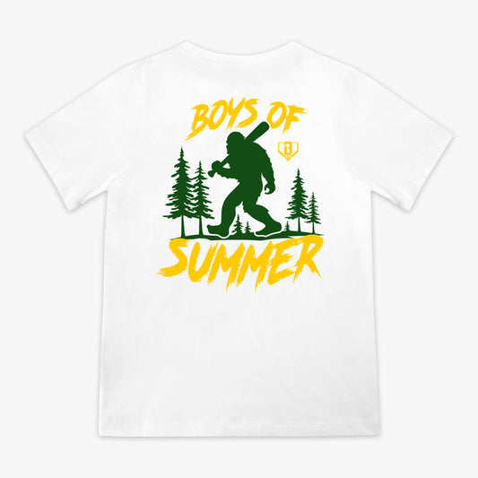 Boys of Summer Legend Tee white baseball Bigfoot holding bat pine trees gold and green back graphic shirt