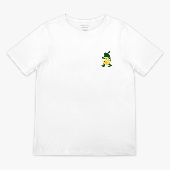 White baseball Bigfoot bat pine trees gold and green graphic tee shirt