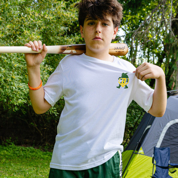 Baseball white graphic tee shirt camping summer bigfoot outfit