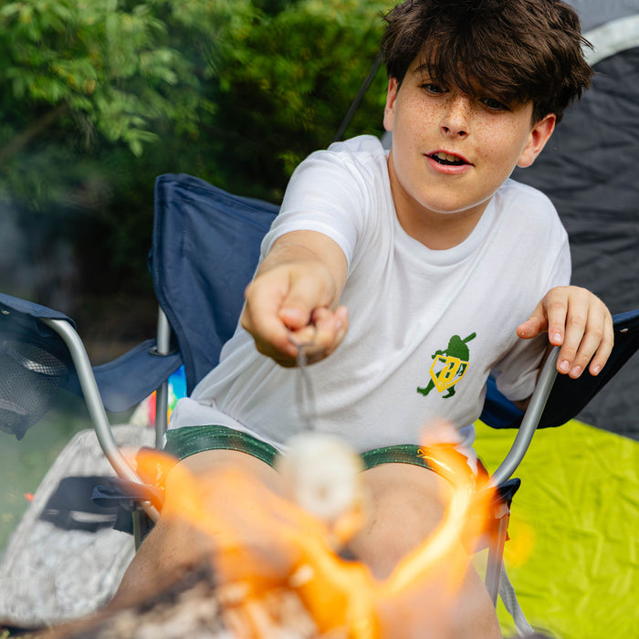 Baseball youth camping shirt outfit roasting marshmallows campsite