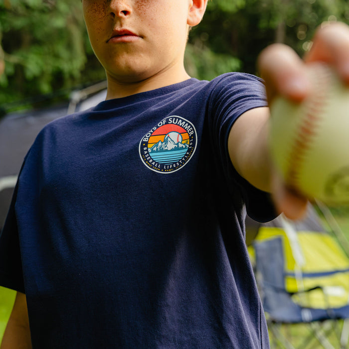 Boys of Summer Sunrise retro baseball mountain graphic tee