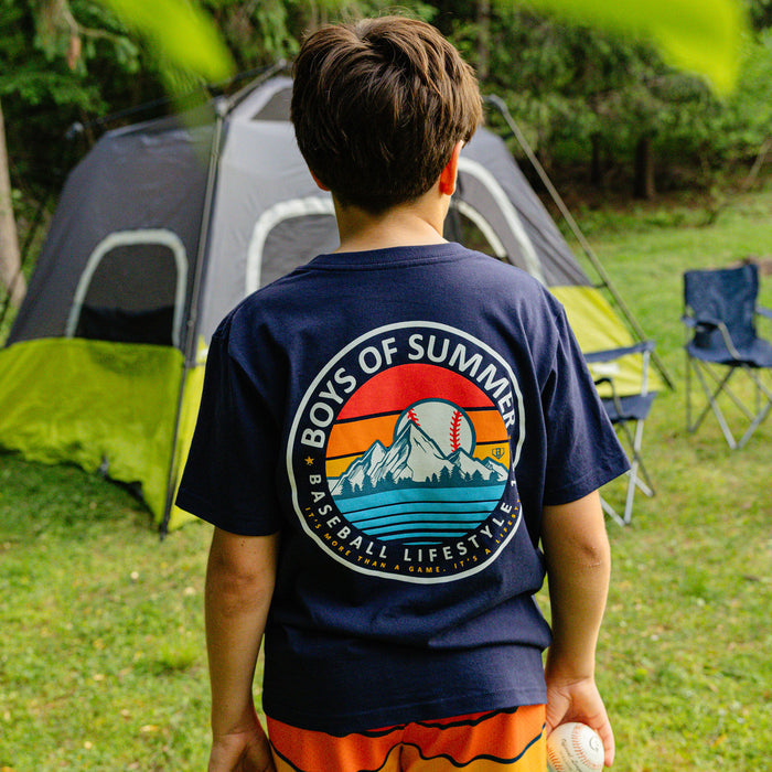Boys of Summer Sunrise camping baseball graphic tee shirt