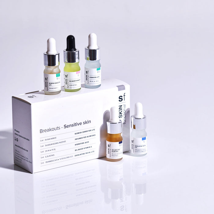 SKIN Functional Breakouts Kit for Sensitive Skin with product details skincare product on a light gray background