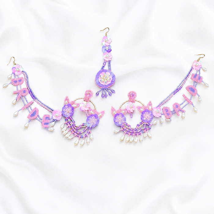 Bride Beaded Chandbali Earring Tikka Set – Pink & Lavender