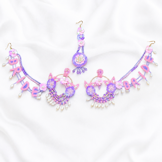 Bride Beaded Chandbali Earring Tikka Set – Pink & Lavender