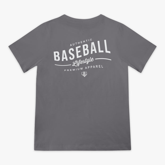 Gray t-shirt with 'Authentic Baseball Lifestyle Premium Apparel' text on the back against a white background
