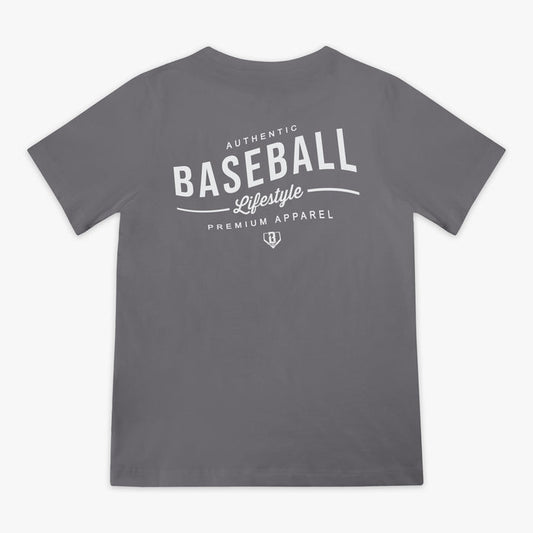 Gray t-shirt with 'Authentic Baseball Lifestyle Premium Apparel' text on the back against a white background