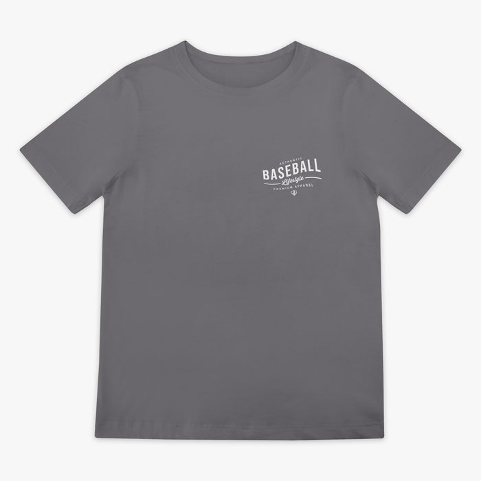 Gray t-shirt with 'Baseball Lifestyle' text on a white background
