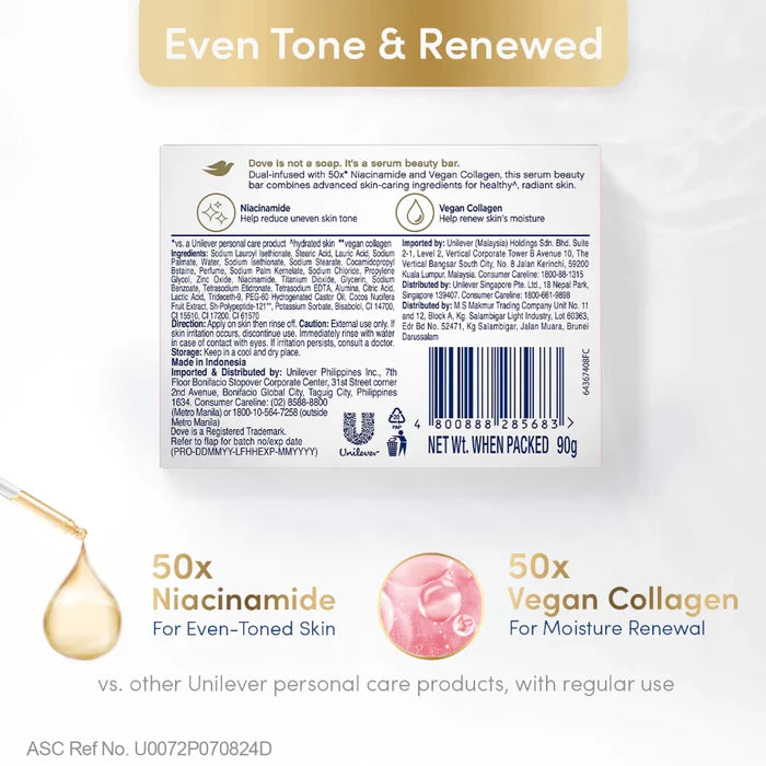 [BUNDLE OF 3] Dove Radiant + Care Serum Bar Niacinamide and Vegan Collagen 90g